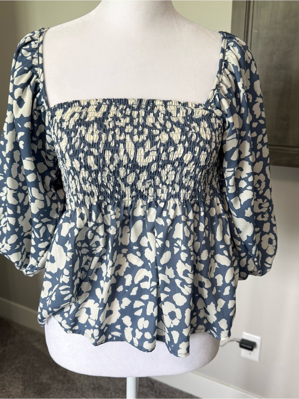 Together Blue and Cream Smocked Square-Neck Peplum Blouse